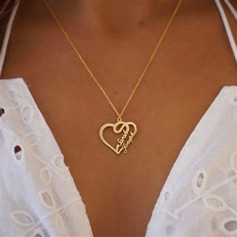 Personalized Double Heart Name Necklace Customized Gold 2 Names Heart