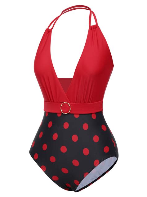 [pre Sale] Red 1950s Polka Dot Halter Swimsuit Retro Stage