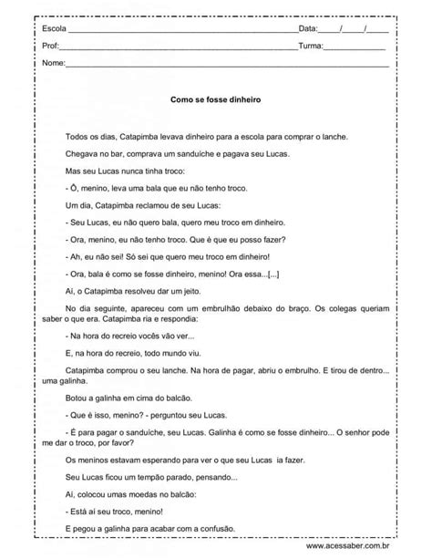 Interpretação Como se fosse dinheiro 5º ano Acessaber