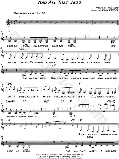 And All That Jazz From Chicago Sheet Music Leadsheet In F Major