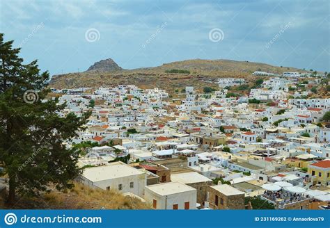 View Of Lindos Ancient Coastal Village On Rhodes Island Greece Stock