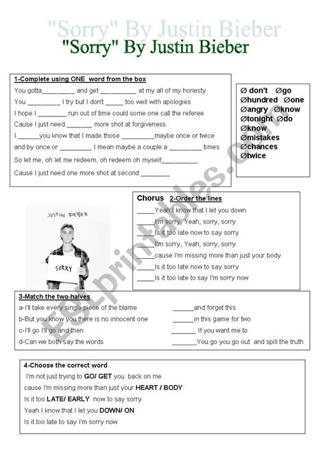 Song Sorry By Justin Bieber Esl Worksheet By Aniya