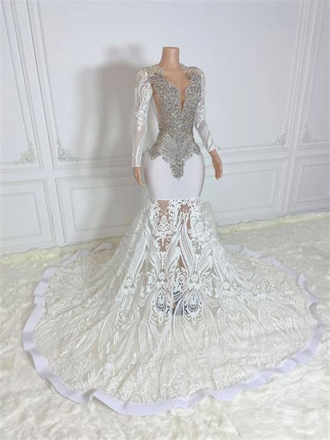 Ocstrade White Sequin Silver Rhinestone Prom Dress Women Elegant Ball