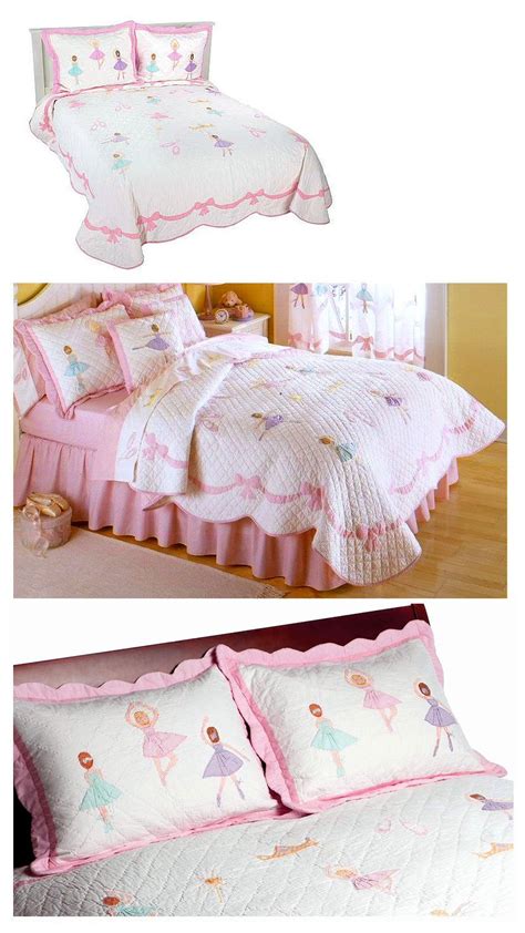 Pink Ribbons Ballerina Girls Bedding Full Queen 3pc Quilt Set Ballet Cotton Embroidered