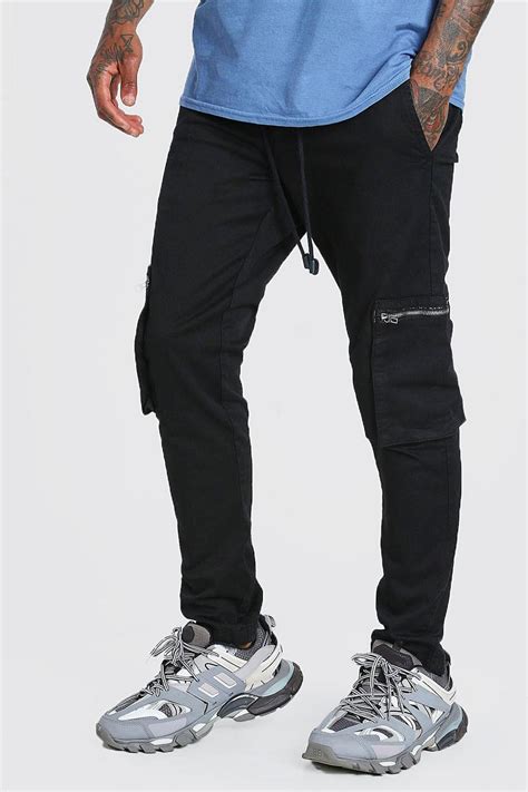 Mens Elastic Waist Slim Fit Cargo Trouser With Zips Boohoo Uk