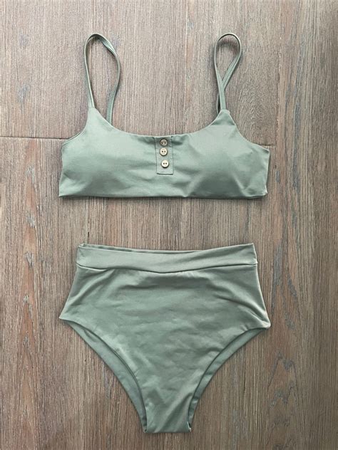 Sage Green Highwaist Button Two Piece Bikini Swimsuit Women S Fashion Swimwear Bikinis