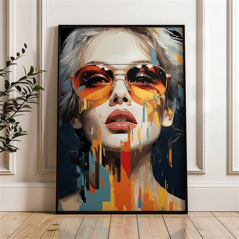 Abstract Modern Retro Woman Face Sunglasses Wall Decor Digital Art Print Pop Art High Resolution