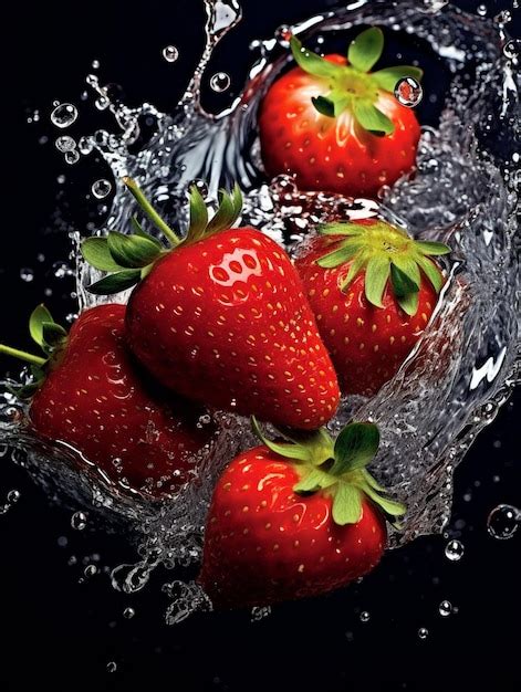 Fresas Frescas Cayendo Al Agua Con Un Toque Sobre Un Fondo Negro Foto