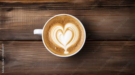 Cup Of Delicious Latte Coffee With Heart Shaped Art On Foam Top View