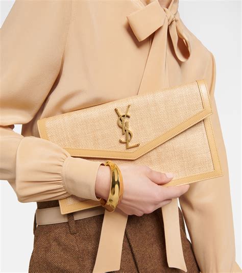 Uptown Leather Trimmed Raffia Clutch In Neutrals Saint Laurent