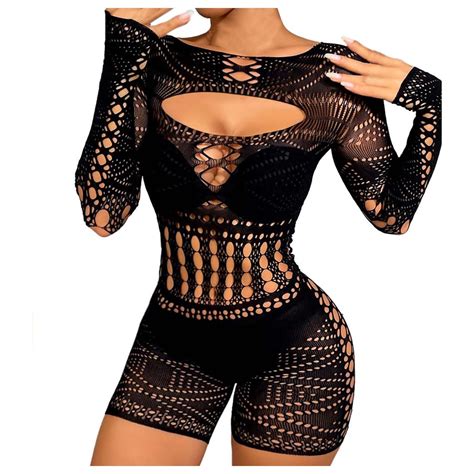 Midwennn Women S Sexy Sheer Fishnet Bodysuit High Stretch Lace Hollow Out Lingerie Womens