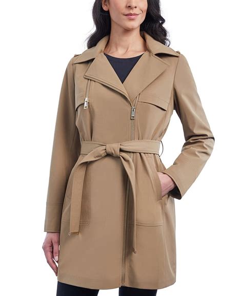 Michael Kors Womens Petite Hooded Asymmetric Belted Raincoat Created