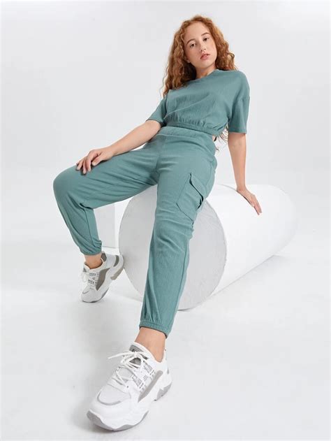 SHEIN Ensemble Pantalon Avec Poche Et Top Court Unicolore Wishupon