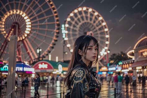 Premium Photo A Girl Stands In Front Of A Ferris Wheel And A Ferris