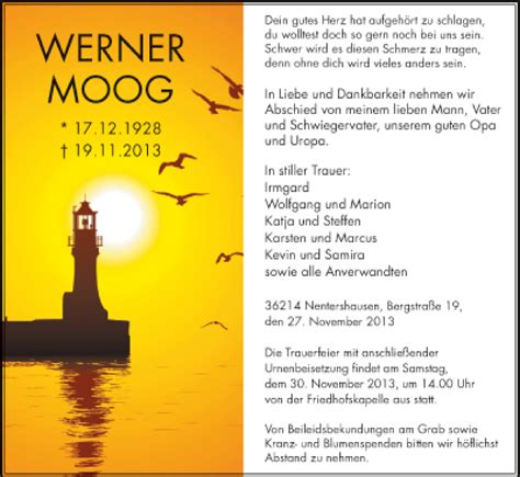 Traueranzeigen Von Werner Moog Trauer Hna De