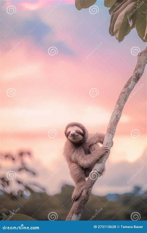 Adorable Baby Sloth Clinging To A Tree In The Forest Stock Illustration