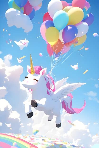 Un Unicornio Volando En El Cielo Con Globos Y Un Unicornio Rosa Foto