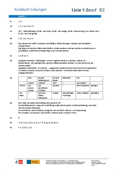 Linie 1 Beruf Basiskurs B2 Lösungen zum Kursbuch derdieDaF Portal