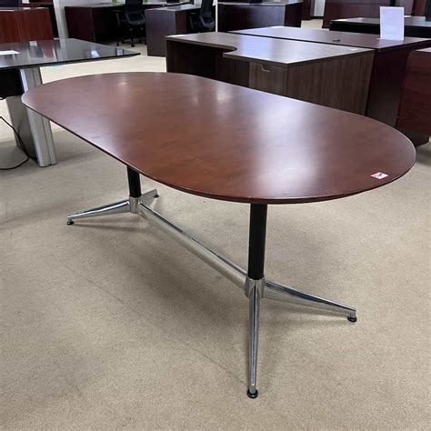 6 Ft Cherry And Silver Racetrack Conference Table With Metal Base