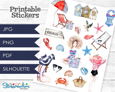 Summer Beach Babe Watercolor Printable Planner Decorative Stickers Happy Planner Erin Condren