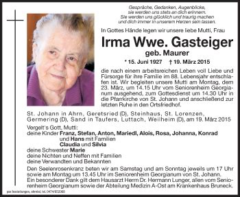 Traueranzeigen Von Irma Gasteiger Trauer Bz