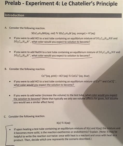 Solved Prelab Experiment 4 Le Chatelier S Principle Chegg