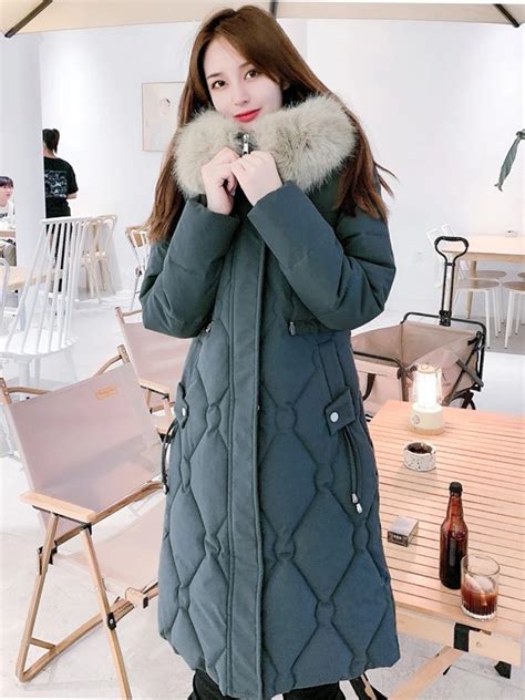 2022 Women Slim Winter Long Parka Hooded With Fur Collar Female Cotton