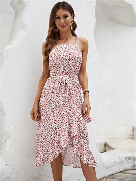 Shein Vcay Vestido De Tirantes Con Estampado Floral Ribete Con Fruncido