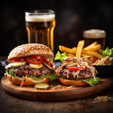 Dos Hamburguesas Con Papas Fritas Y Un Vaso De Cerveza En Una Mesa De