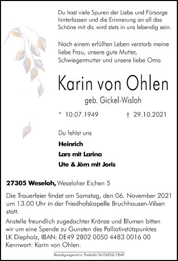 Traueranzeigen Von Karin Von Ohlen Trauer Kreiszeitung De