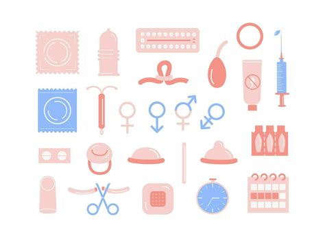 Contraception Colored Flat Icons Set Birth Control Methods