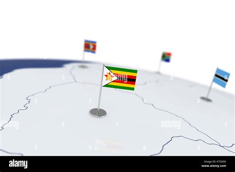 Zimbabwe Flag Country Flag With Chrome Flagpole On The World Map With