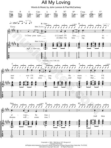 The Beatles All My Loving Guitar Tab In E Major Download And Print