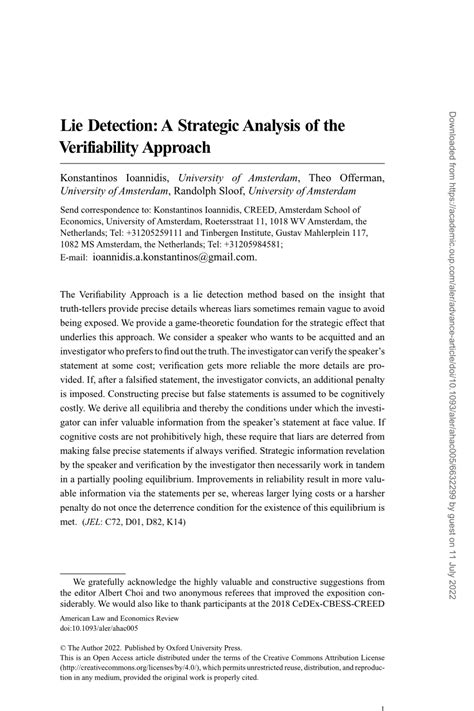 Pdf Lie Detection A Strategic Analysis Of The Verifiability Approach