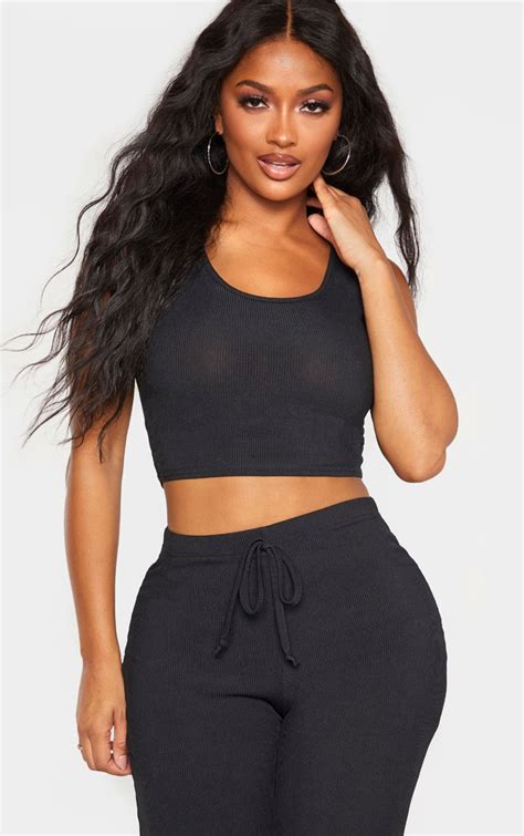 Shape Black Rib Scoop Neck Crop Top Curve Prettylittlething Usa