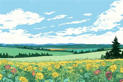 Colorized Drawing Of A Countryside Flower Meadow Generative Ai 28366083