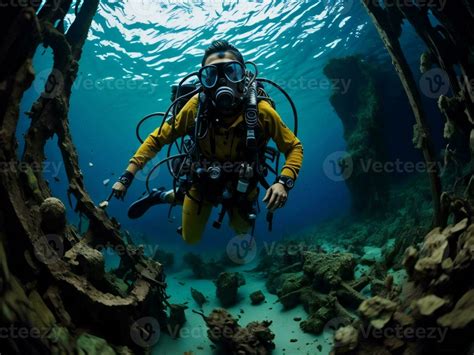 AI Generated Scuba Diver Exploring A Sunken Ship Wreck Generative Ai