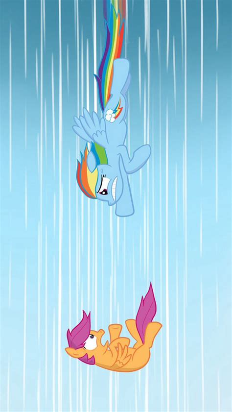 two ponies flying in the air under a rainbow colored umbrella and rain ...