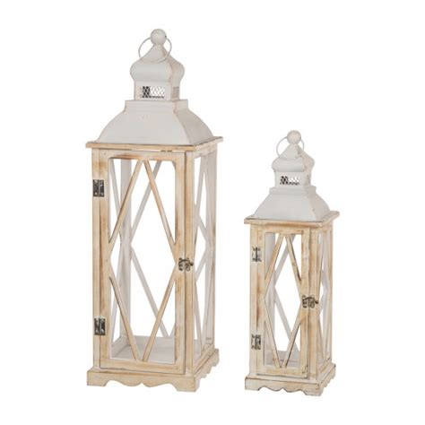 Official Glitzhome Farmhouse White Wood Metal Lanterns Decorative Hanging Candle Lanterns Set Of 2