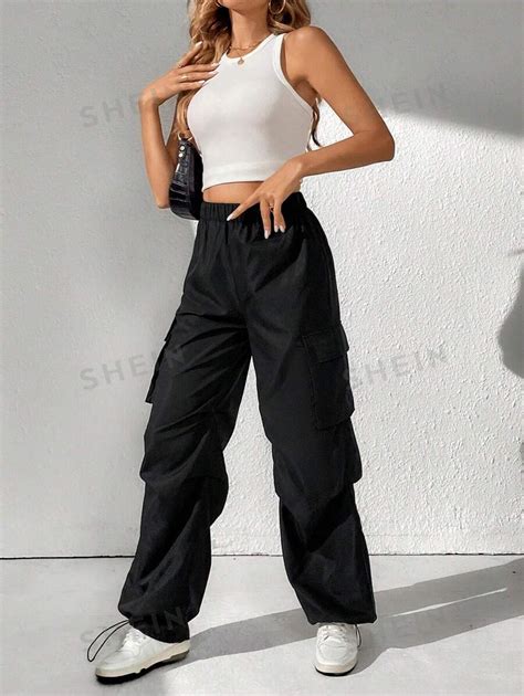 SHEIN Tall Pantalones cargo unicolor de cintura elástica con bolsillo