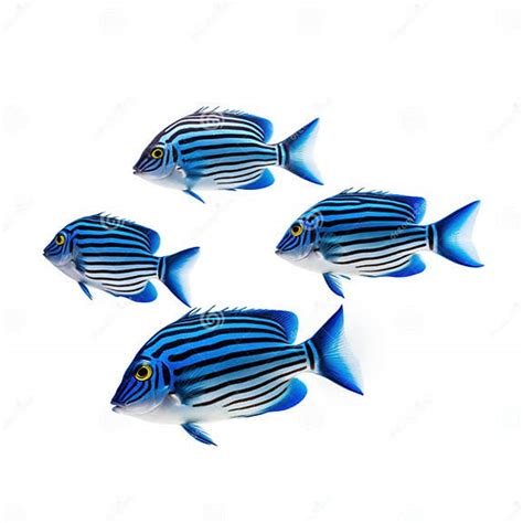 School Of Blue Striped Fish Swimming Isolated On White Background Stock
