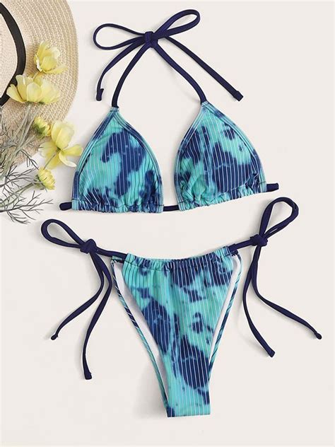 Emmiol Free Shipping 2024 Pinstriped Tie Dye Halter Bikini Set Blue M