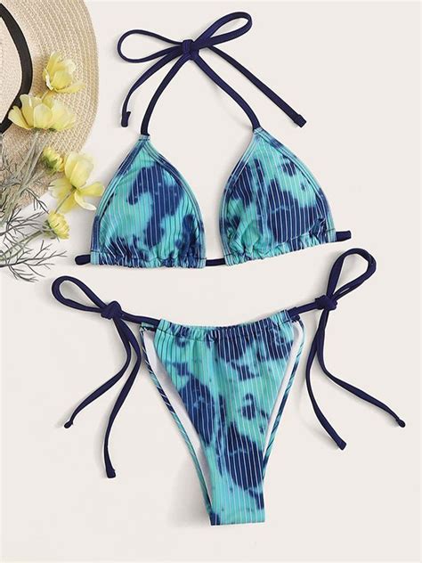 Emmiol Kostenloser Versand 2024 Batik Bikini Set Mit Nadelstreifen Blau