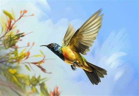 AI Generated Olive Backed Sunbird Yellow Bellied Sunbird Flying In The