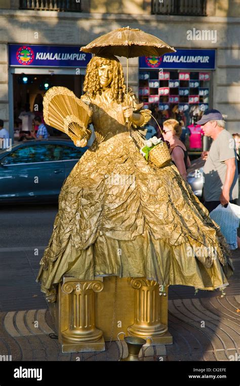 Human Statue Posing For Tourists On Las Ramblas Barcelona Catalonia