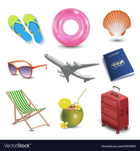 Realistic Summer Holidays Seaside Beach Icons Set Vector Image