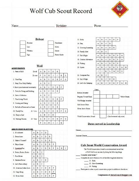 Cub Scout Wolf Printable Tracking Work Sheet 1 Cub Scouts Scout