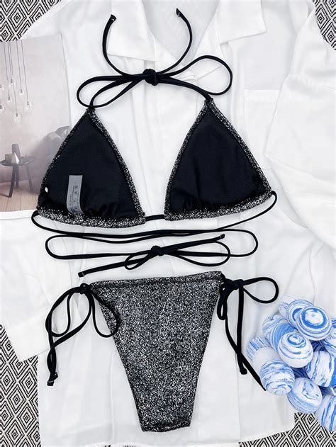 Glitter Sparkling Wrap Around Swimwear Female Swimsuit Two Pieces Bikini Set Bather Bathing Suit