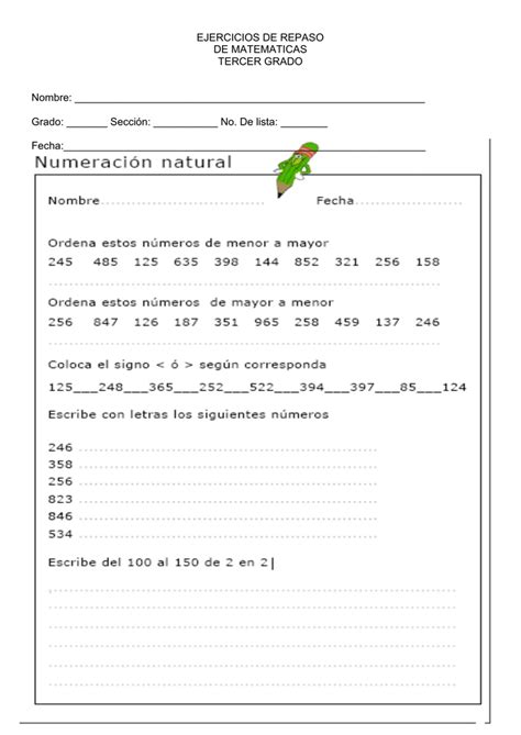 Ejercicios De Repaso De Matematicas Tercer Grado