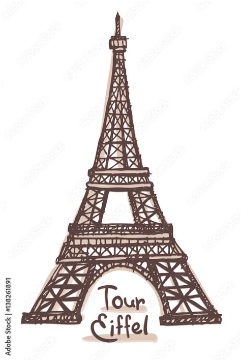 Hand drawn sketch of the Eiffel Tower, Paris, France. Vector drawing isolated on white ...